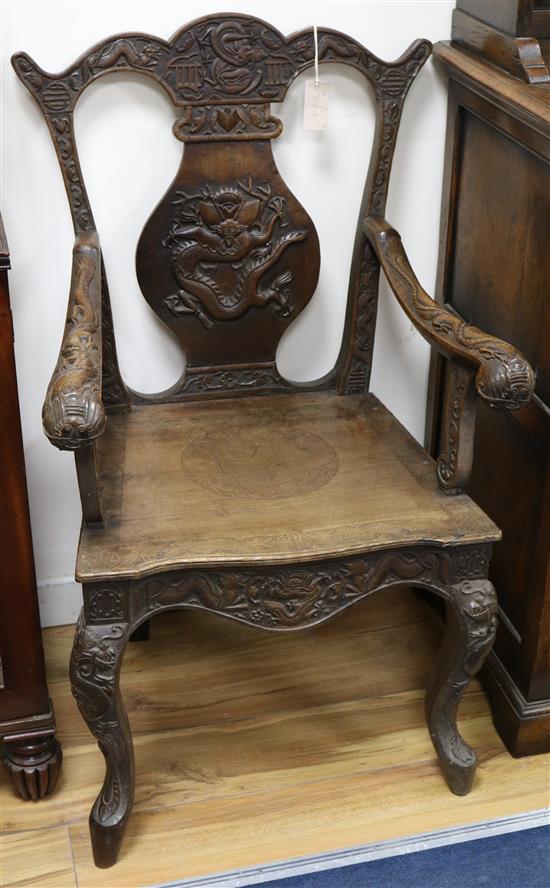 A pair of Burmese export hardwood elbow chairs, late 19th century,